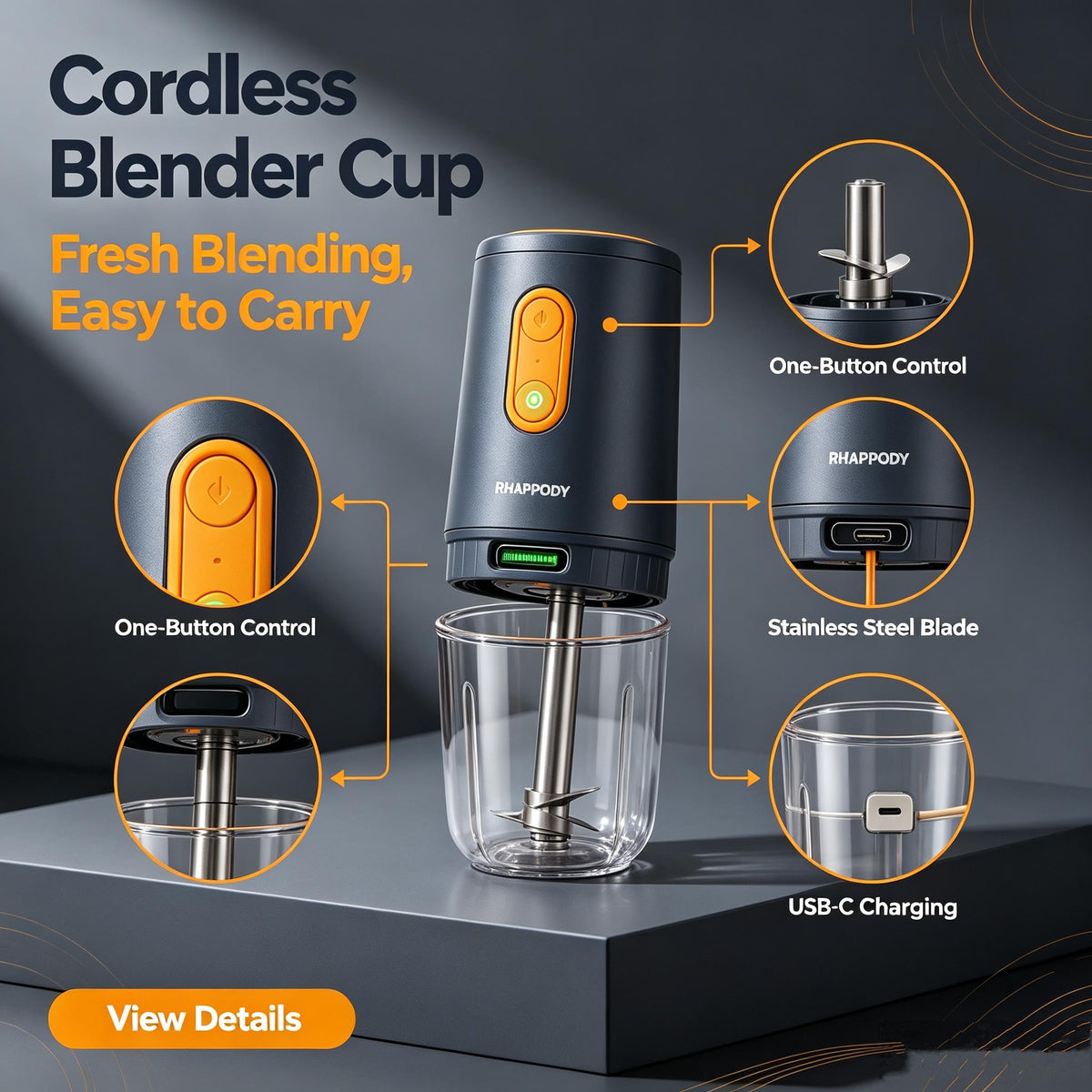 RHAPPODY Cordless Blender Cup ๐ USB-C Rechargeable Portable Personal Blender