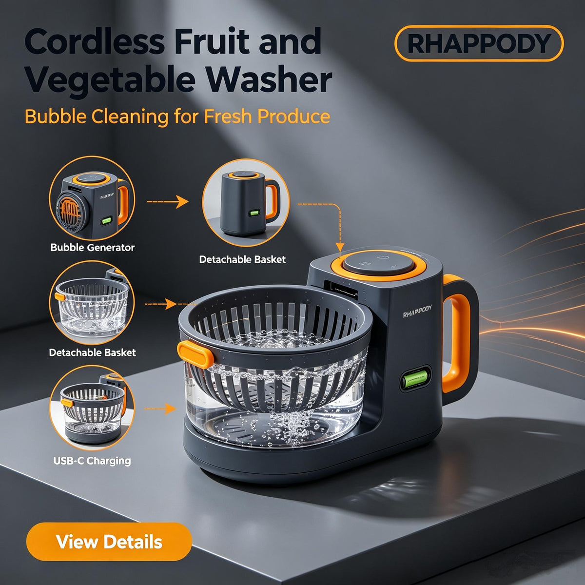 RHAPPODY Cordless Fruit and Vegetable Washer 🥬 USB-C Rechargeable Produce Cleaner with Gentle Bubble Purification