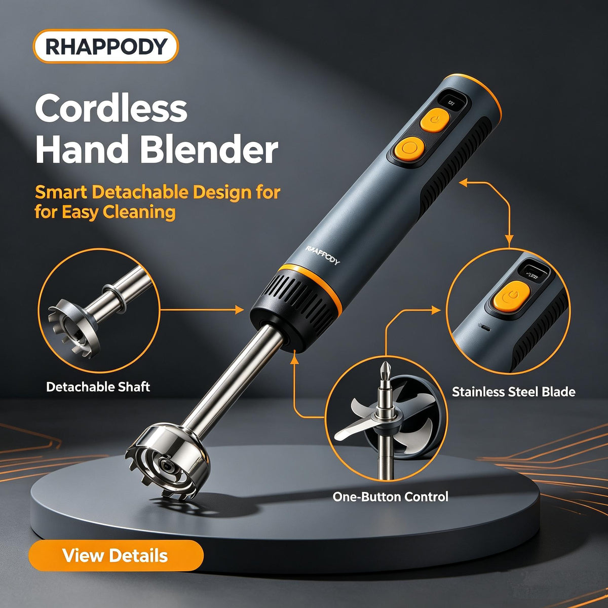RHAPPODY Cordless Hand Blender 🔋 USB-C Rechargeable Immersion Blender with Detachable Shaft