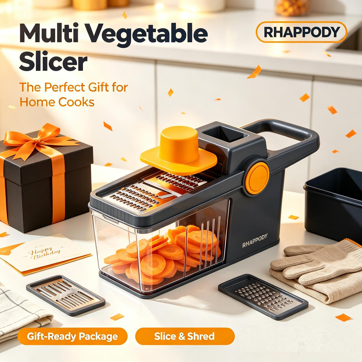 RHAPPODY Multi Vegetable Slicer 🥕 Adjustable Thickness Mandoline Slicer with Safe Food Pusher