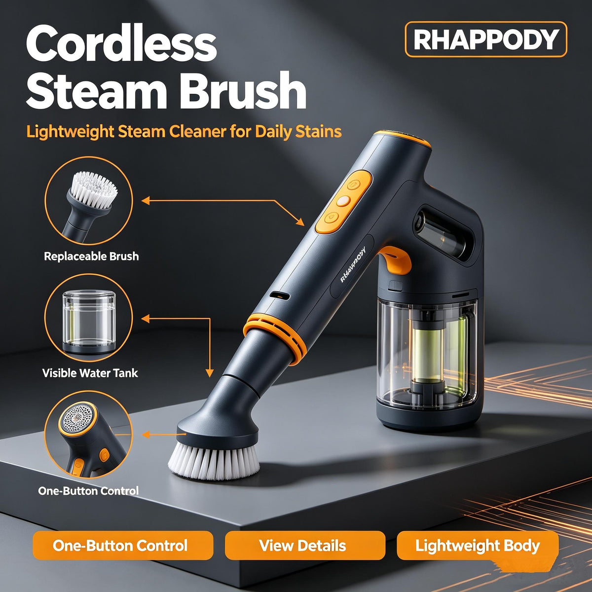 RHAPPODY Cordless Steam Brush 🔥 High Temperature Handheld Steam Cleaner with Replaceable Brush Heads