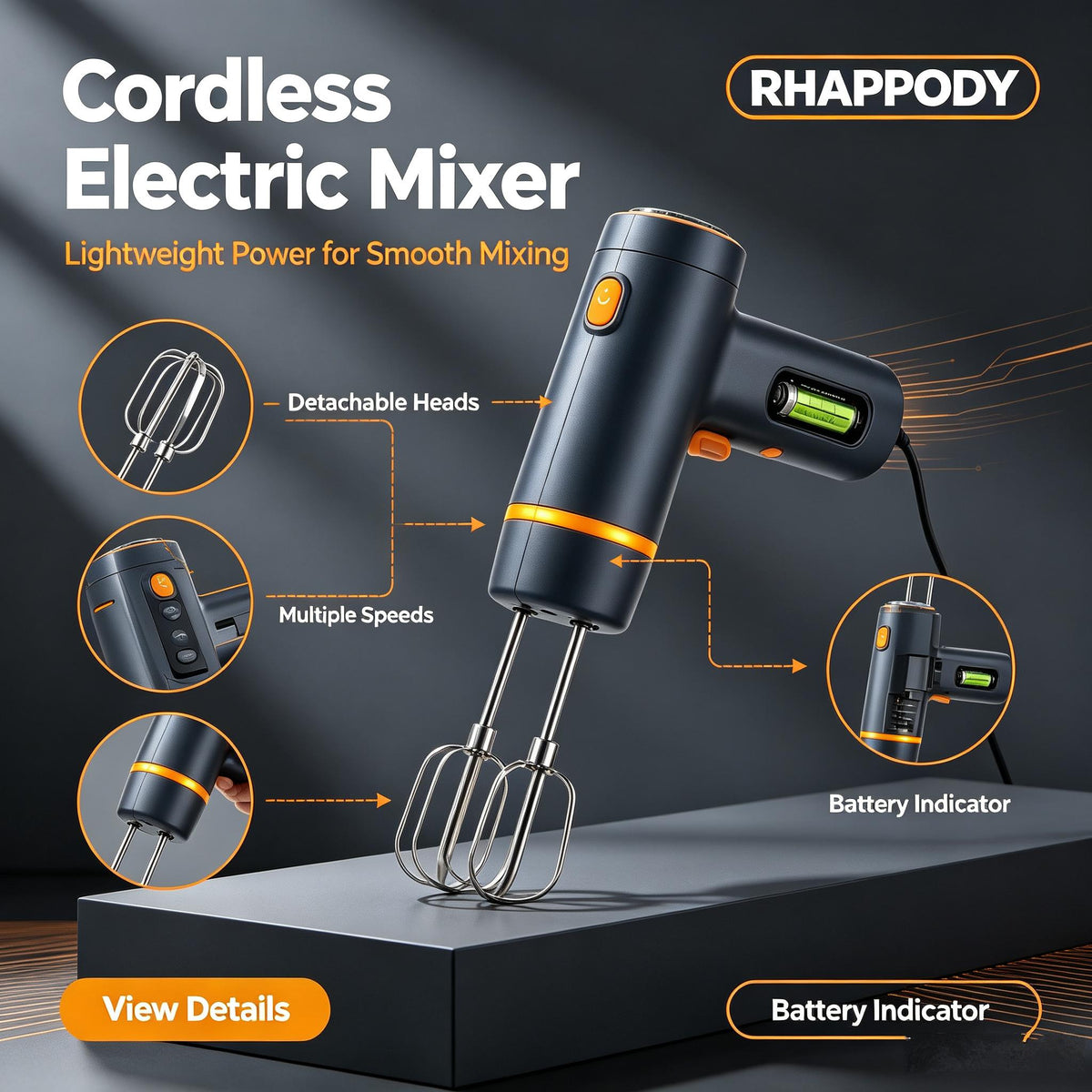 RHAPPODY Cordless Electric Hand Mixer 🧁 Rechargeable Handheld Whisk with Multiple Speed Settings