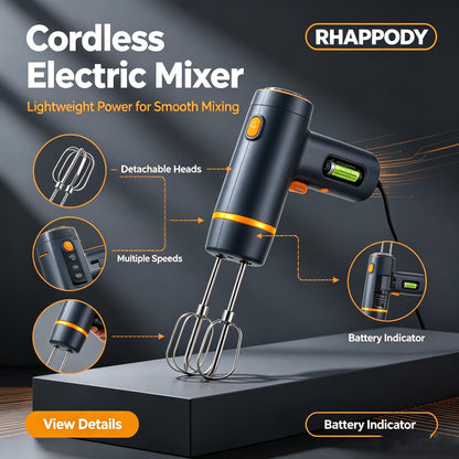 RHAPPODY Cordless Electric Hand Mixer 🧁 Rechargeable Handheld Whisk with Multiple Speed Settings