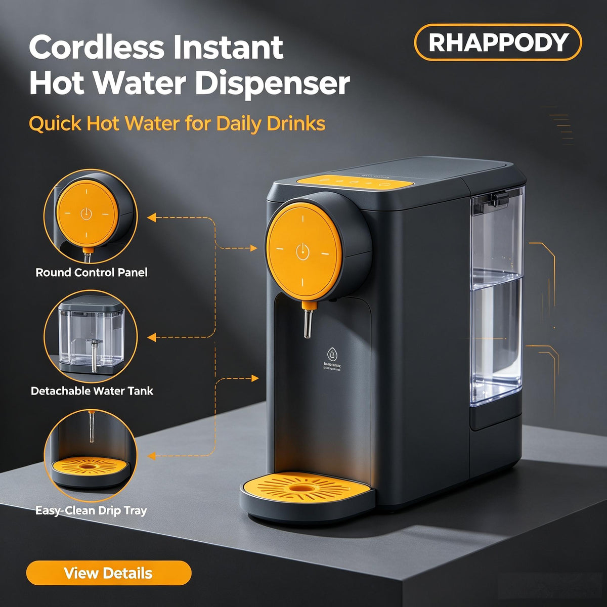 RHAPPODY Cordless Instant Hot Water Dispenser ☕ Fast Heating Countertop Hot Water Machine with 3 Temperature Modes & Detachable Water Tank for Tea