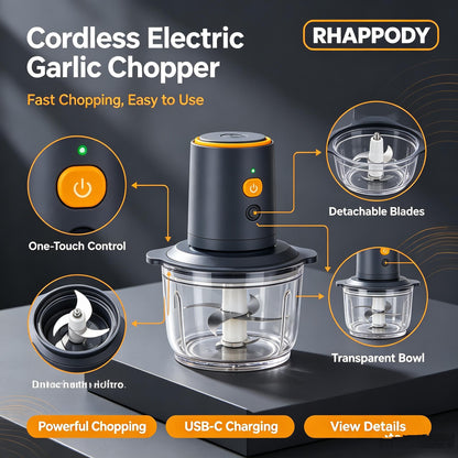 RHAPPODY Cordless Electric Garlic Chopper 🧄 USB-C Rechargeable Mini Food Processor