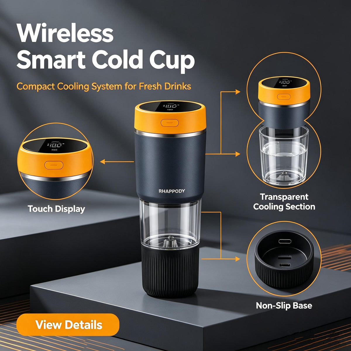 RHAPPODY Wireless Smart Cold Cup 🧊 Portable Drink Cooler Mug with Fast Cooling