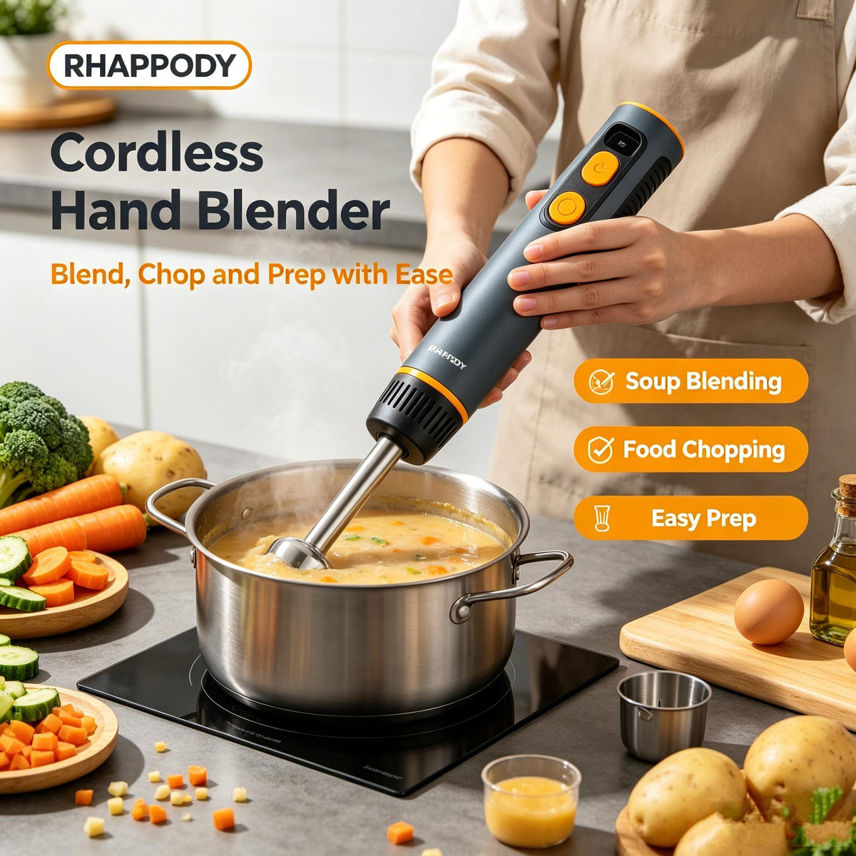 RHAPPODY Cordless Hand Blender 🔋 USB-C Rechargeable Immersion Blender with Detachable Shaft