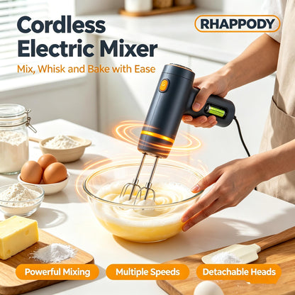 RHAPPODY Cordless Electric Hand Mixer 🧁 Rechargeable Handheld Whisk with Multiple Speed Settings