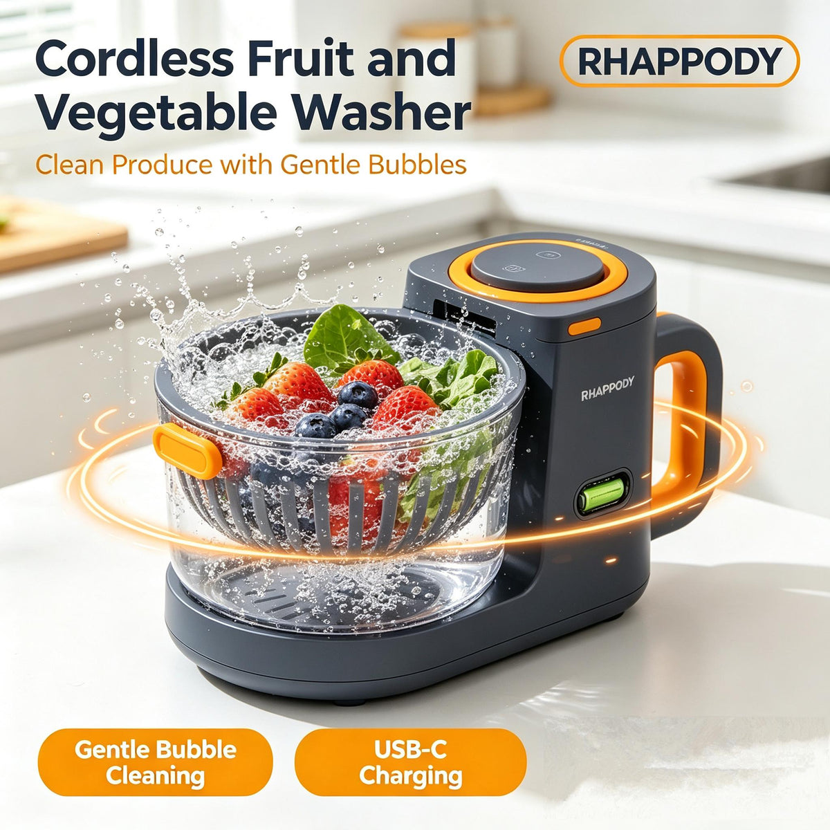 RHAPPODY Cordless Fruit and Vegetable Washer 🥬 USB-C Rechargeable Produce Cleaner with Gentle Bubble Purification