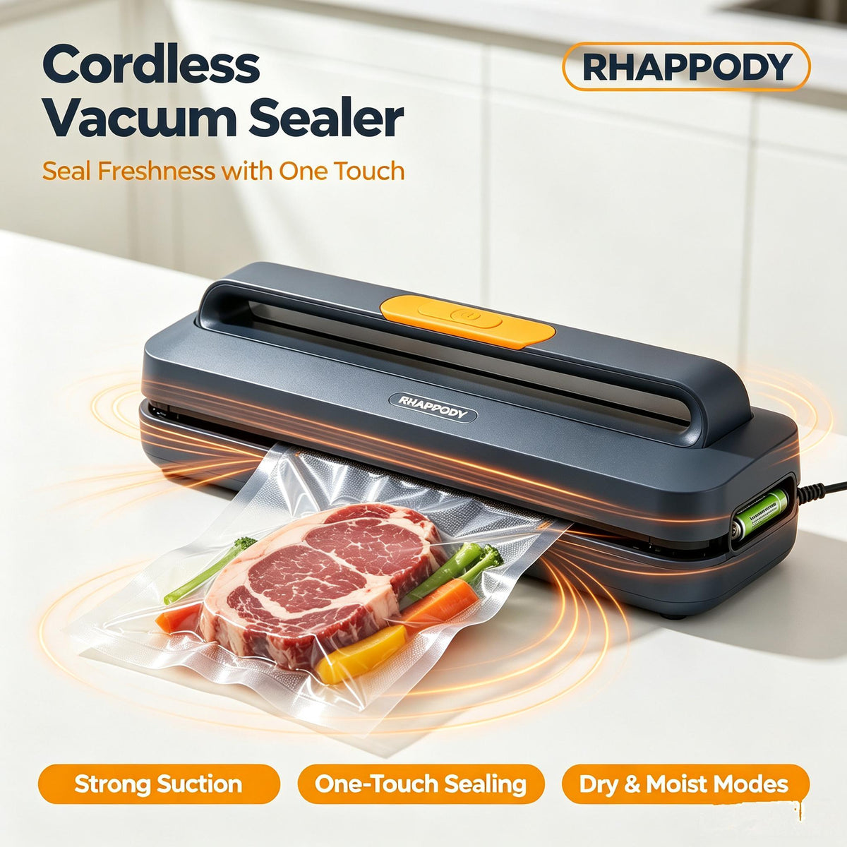 RHAPPODY Cordless Vacuum Sealer 🥩 One-Touch Automatic Food Sealing Machine with Strong Suction