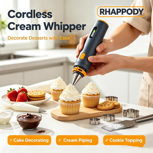 RHAPPODY Cordless Cream Whipper 🧁 USB-C Rechargeable Electric Dessert Decorator with Multiple Icing Nozzles