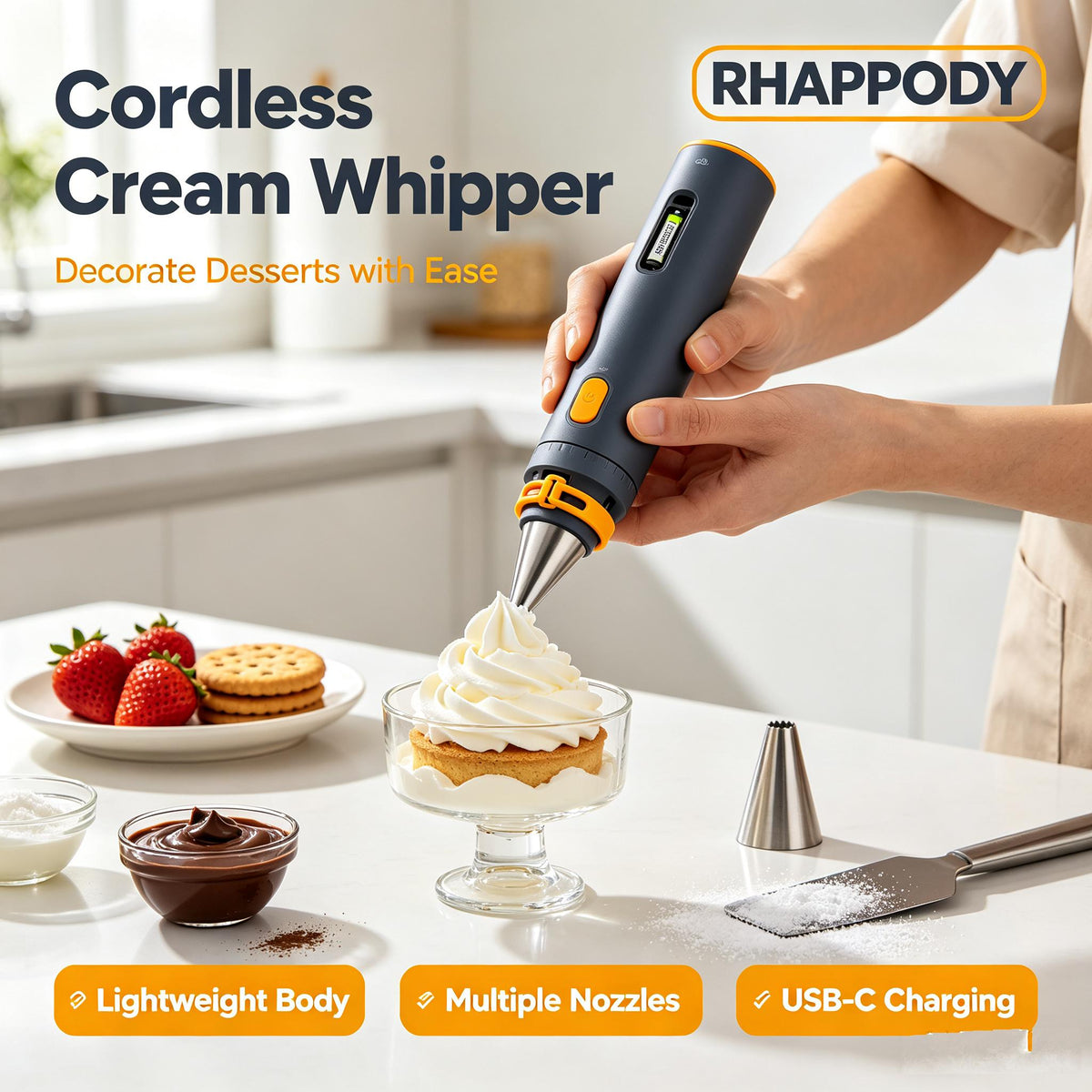RHAPPODY Cordless Cream Whipper 🧁 USB-C Rechargeable Electric Dessert Decorator with Multiple Icing Nozzles